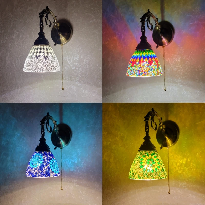 

Ethnic Retro Nostalgic Romantic Mosaic Collage Glass Wall Lamp Medieval Style Corridor with Switch Wire Wall Lamp
