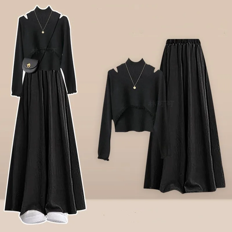 2026 Women's Spring Autumn New Chic Knit Sweater Smock+Vest+Loose Skirt Pants 3-Piece Suit Korean Elegant Tracksuit Matching Set