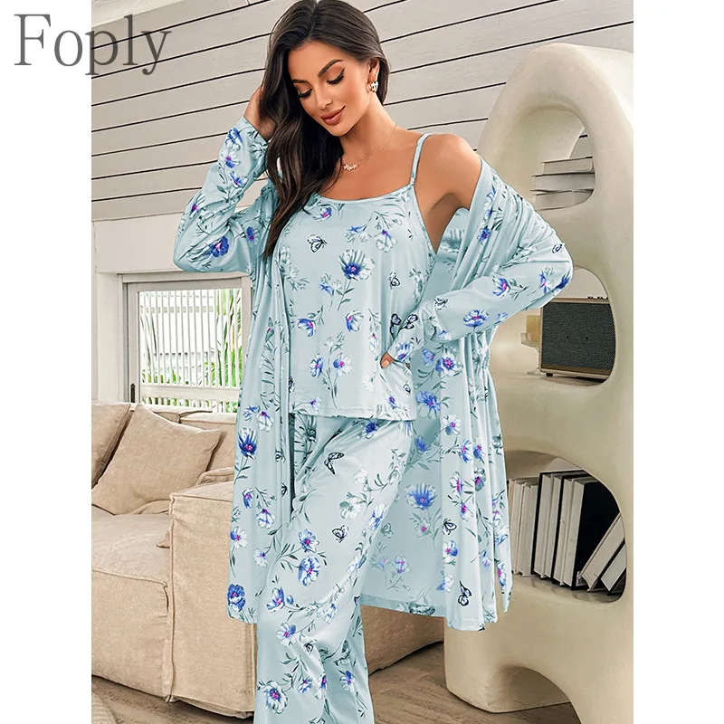

Women Cute Floral Print Pajama Set Spring Autumn Pyjama Long-Sleeved Robe Suspenders Pants Three-Piece Pijama Set Pjs Loungewear