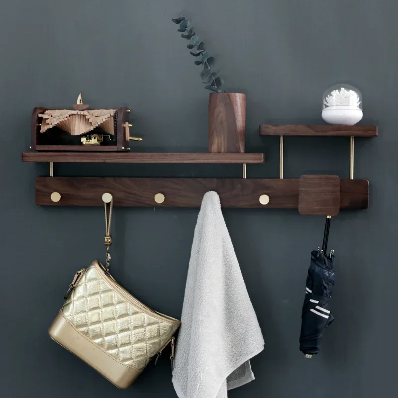 Porch Coat Rack with Pure Copper Hooks Walnut Solid Wood Sundry Storage Wall Hanging Bags Coats Hanger Key Hook