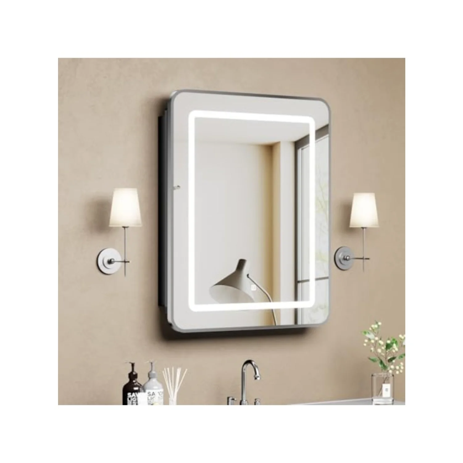 Led Medicine Cabinet with Mirror, Bathroom Vanity Mirror Cabinet with Shelves, 3-Color Lights Dimmer (Silver, 30