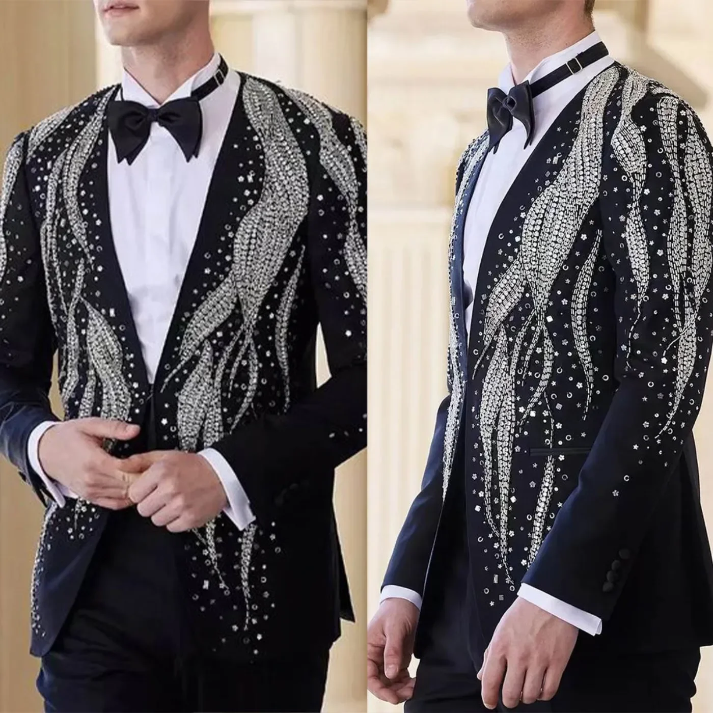 Luxury Men's Suits 2 Pieces Jacket Pants Shawl Lapel Beads Crystals Designer Special Occasions Groom Tuxedos Party Customized