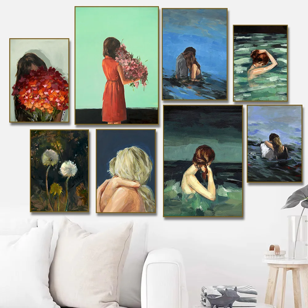 Beautiful Girl with Flower Landscape Poster Married To The Sea Summer Canvas Painting Print for Living Room Home Decor Cuadros