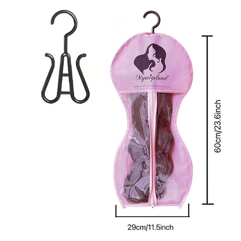 أكياس تخزين شعر مستعار A01F مع شماعة، شماعة شعر مستعار لشعر مستعار متعدد، أكياس تخزين شعر مستعار، حقيبة تخزين شعر مستعار على شكل ساعة رملية 6 قطع وردي #4