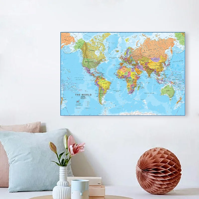 Tableau décoratif suspendu de la carte du monde en anglais, 60x40cm, peinture sur toile hautement détaillée, affiche d'art mural moderne, fournitures scolaires