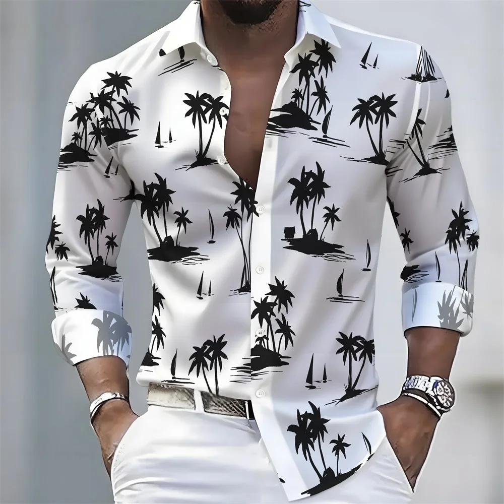 2027 New Men's Coconut Tree Print Long-Sleeve Shirt  21 Colors  Hawaiian Casual Vacation Style  Comfortable Men's Lapel Cardigan