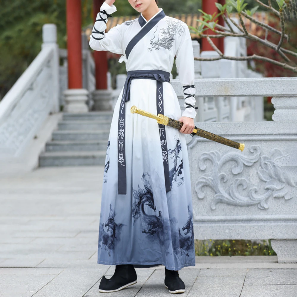 Chinese Style Traditional National Costume Cosplay Hanfu Men\'s Jacket Tie-dye Skirt Hand Rope Suit Martial Arts Style Clothing