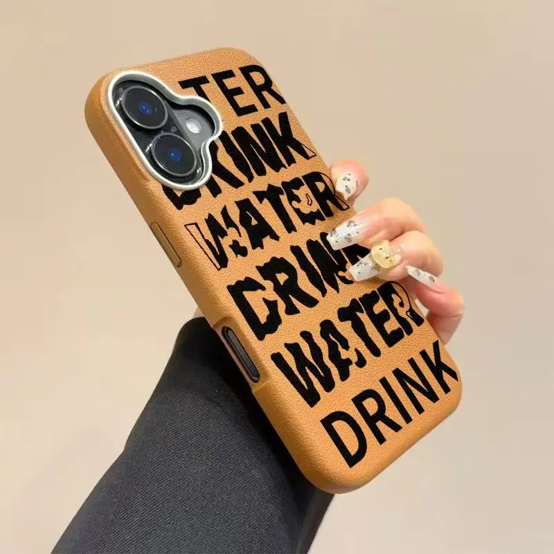 DRINK WATER lns Minimalist Black English letter Case For iPhone 17 Air 16 15 14 13 12 11 Pro Max Classic leather Cover