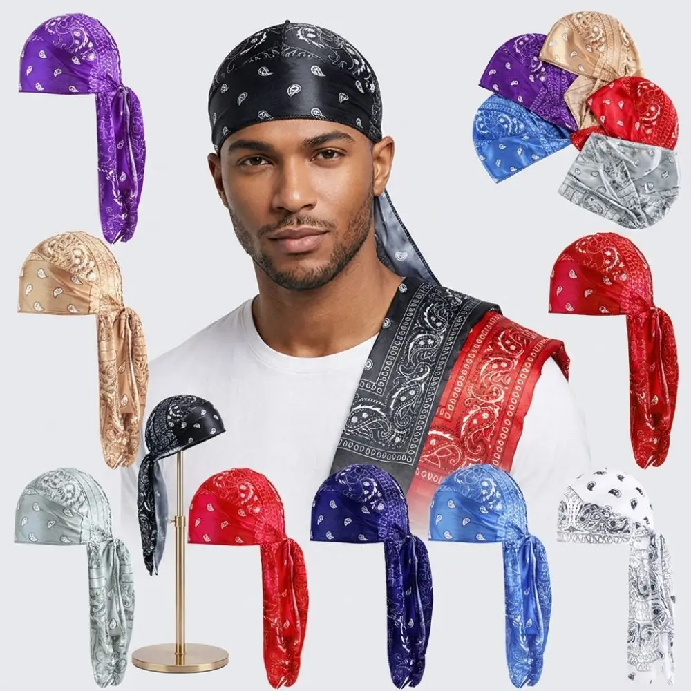 Fashion Amoeba Print Men's Headscarf Imitation Silk Lightweight Long Tail Pirate Cap Breathable Wave Print Hip Hop Hat Outdoor