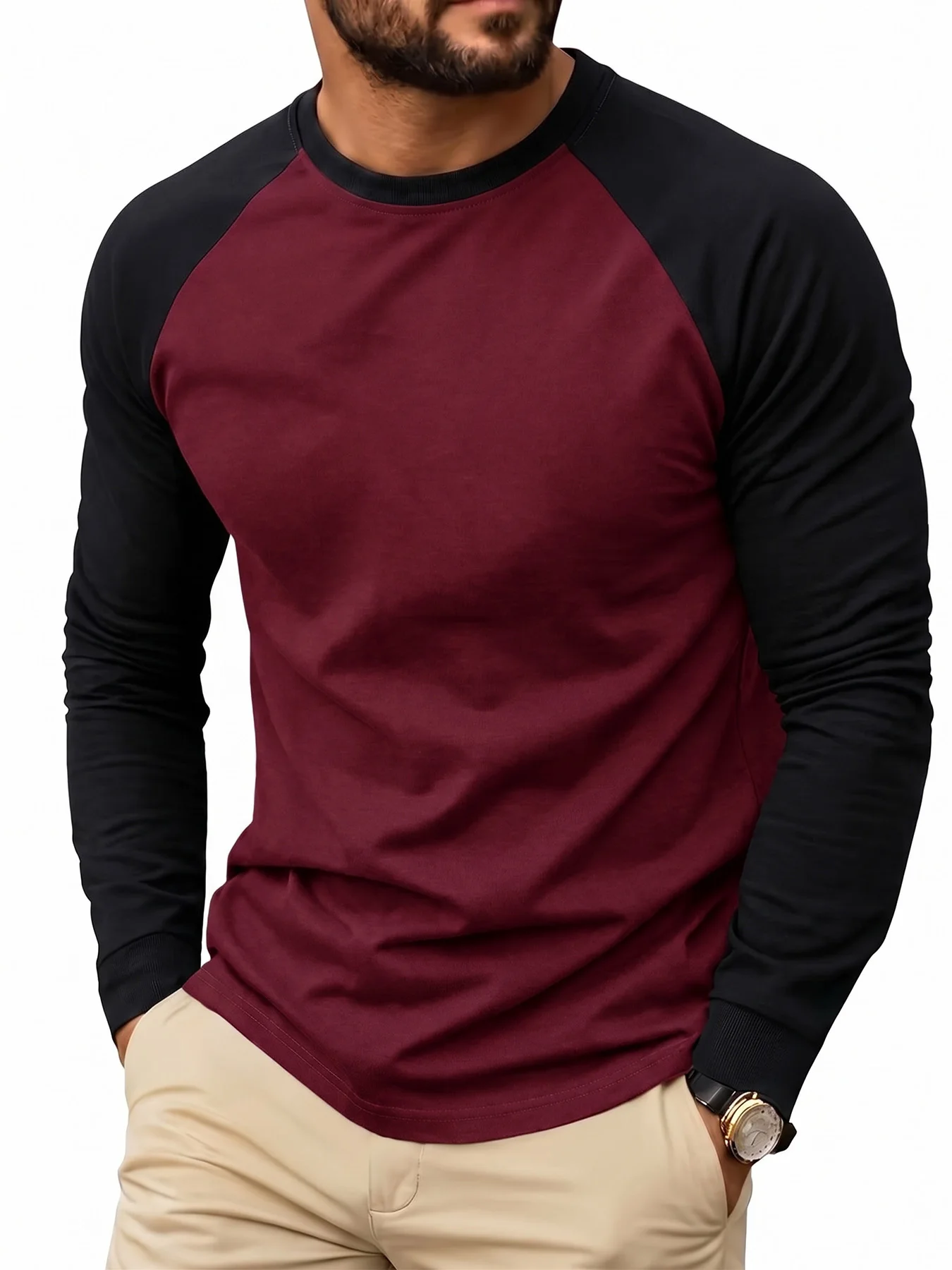 Men Long Sleeve T Shirt Raglan Baseball Tee Crew Neck Slim Fit Casual Contrast Color Streetwear Autumn Winter Base Layer Top