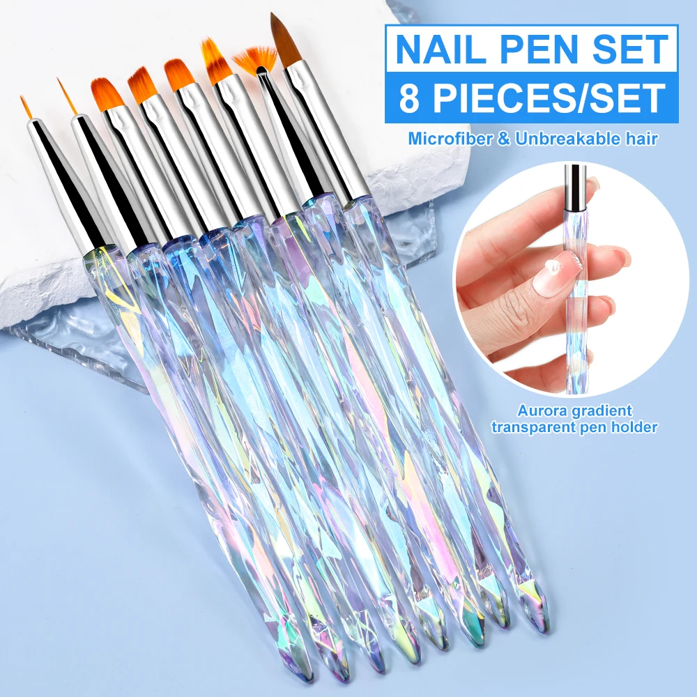 8pcs/set Transparent Aurora Acrylic Nail Art Painting Pens for Nail Design Soft Slender Brush Gradient UV Gel Drawing DIY Brush