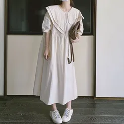 Japan Style Lovely Asymmetrical Peter Pan Collar Dress Women Summer Big Size Korean Sweet Loose Short Sleeve Midi Casual Dresses