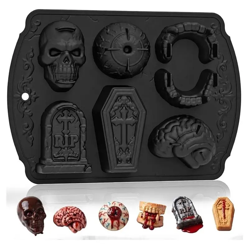 Skull Cake Pizza Baking Mold 6 Pieces Halloween Silicone Pan Eyeball, Fangs Tombstone, Coffin& Brain Spooky Shapes-N37R