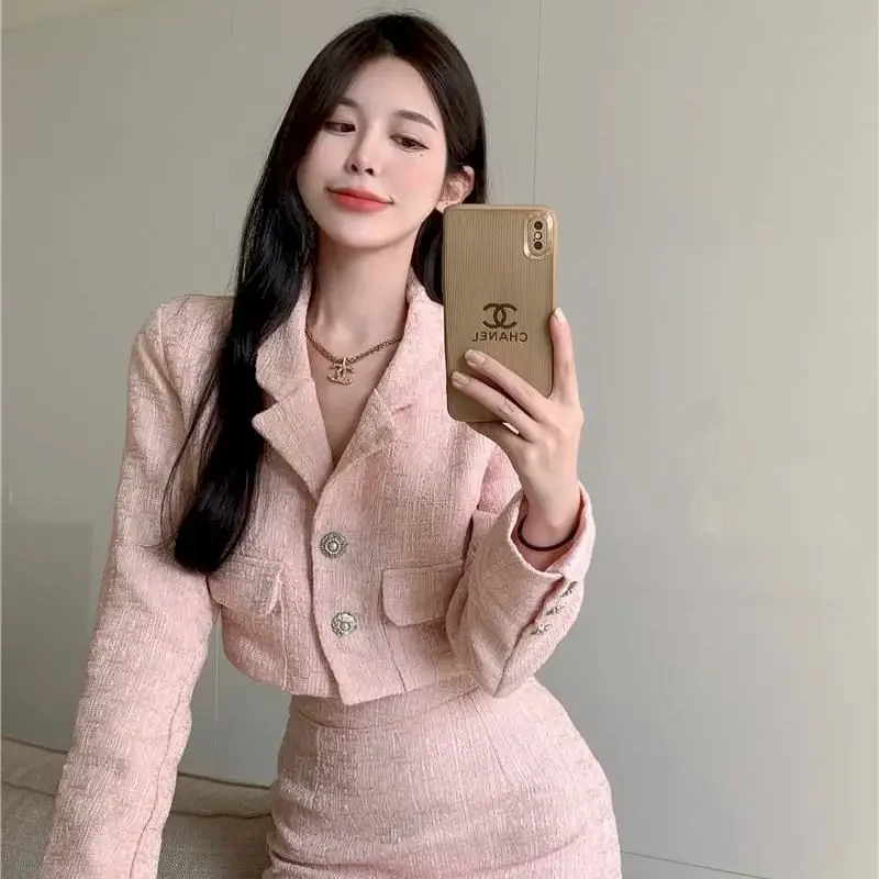 Insozkdg Autumn Winter New Small Fragrance Style Ladies Two-piece Tweed Long-sleeved Suit Ladies Short Coat High-waisted Skirts