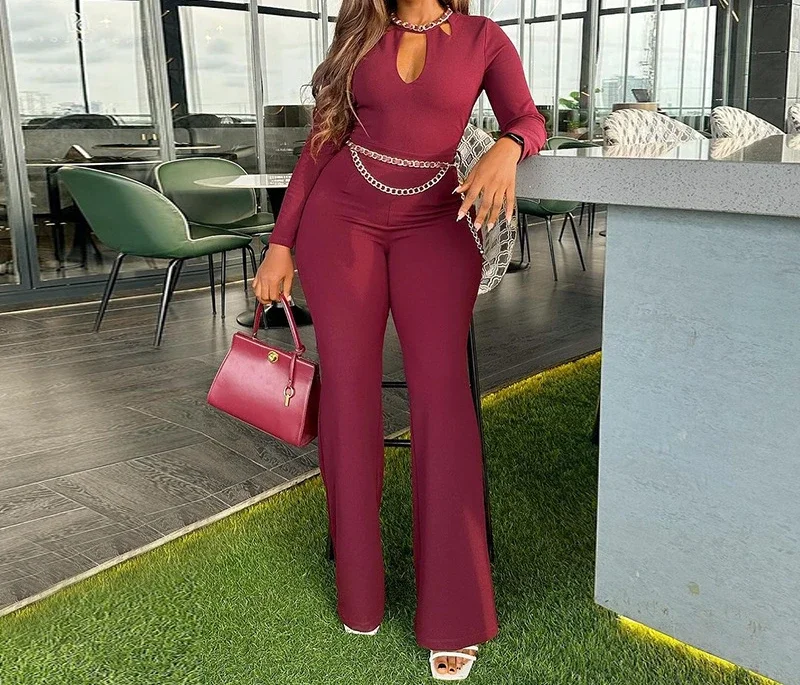 

Sexy Woman Jumpsuit Fresh and Sweet Spring 2024 Hollow Out Slim Fit High Waist Wide Leg Long Pants Long Sleeve Jump Suits Female