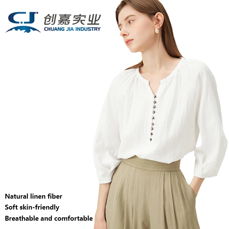 

Linen Women's Seven-quarter Sleeve Shirt Spring Summer Beige Elegant Shirt Loose Plus-size Crisp Comfortable Top Good quality