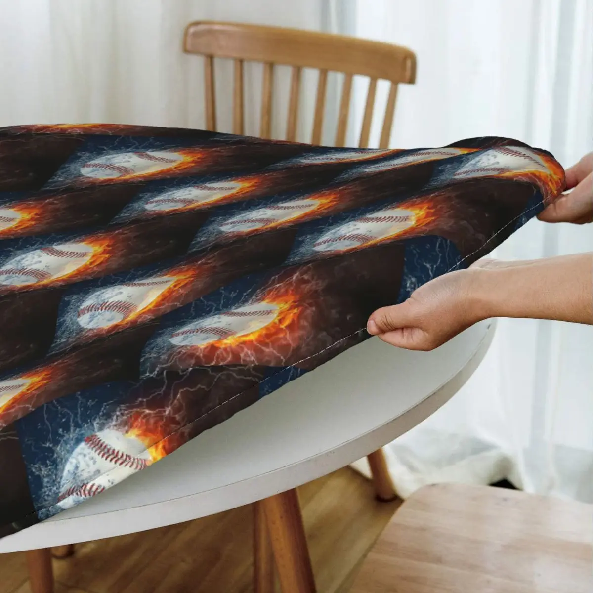 Baseball In The Fire And Water Waterproof Round Tablecloth Oilproof Table Cloth for Kitchen Events Dining Table Cover