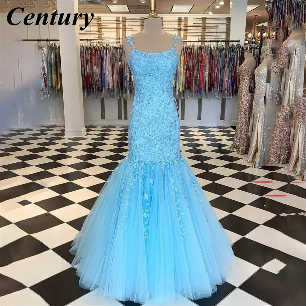 

Sky Blue Mermaid Prom Dress Spaghetti Strap Celebrity Dresses With Appliques Lace Women's Evening Dress Formal Gown 프롬 드레스