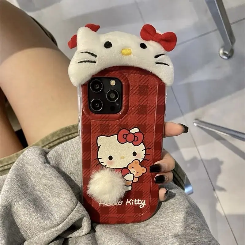 All-Inclusive Hello Kitty Soft Glue Iphone Phone Case Christmas Sanrioed Anti-Fall Cartoon Plaid Plush Kawaii Protective Case