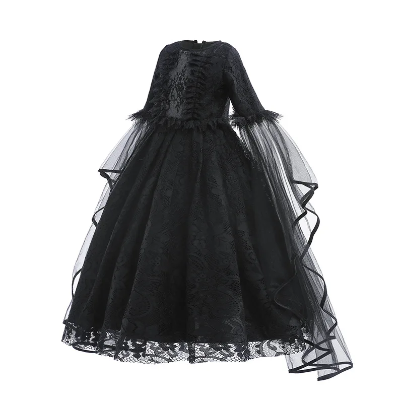 Girl Witch Dress Kids Long Sleeve Black Lace Gown Halloween Party Evil Role Playing Costume Carnival Cosplay Outfits