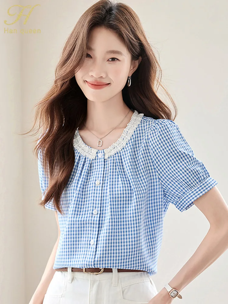 

H Han Queen 2025 Summer Office Vintage Plaid Tops Chiffon Blouses Women Simple Short Sleeve Work Casual Shirts Women's Clothing