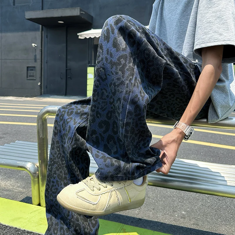 

Retro American Waed Leopard Print Blue Denim Jeans Men's Loose Versatile Spring Autumn New Sle Casual Straight Leg Jeans