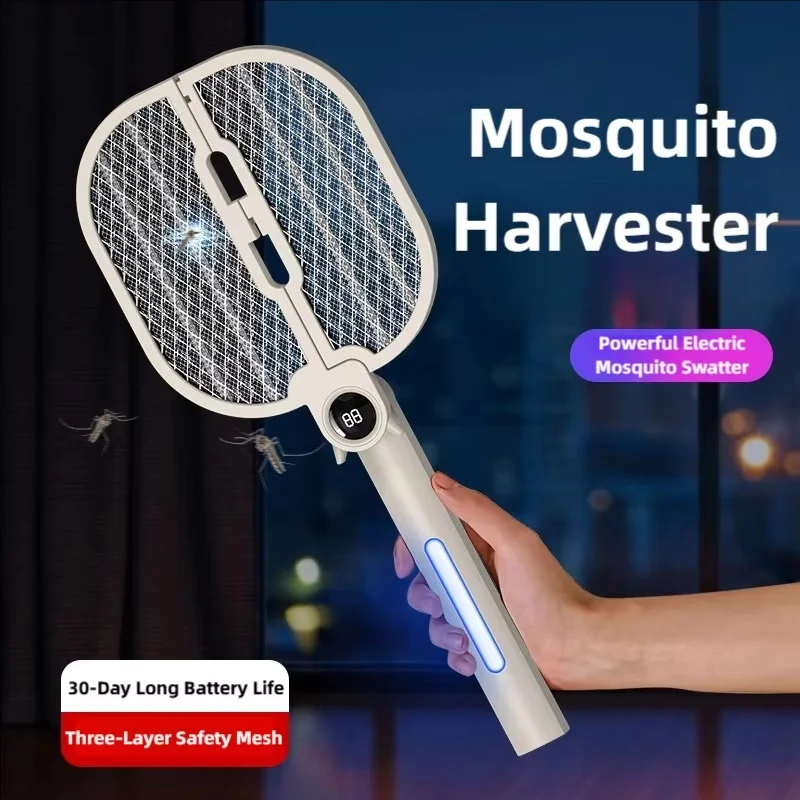 180° Foldable Electric Mosquito Fly Swatter 2 in 1 3000V High Voltage Rechargeable UV Insect Zapper for Outdoor Camping Home
