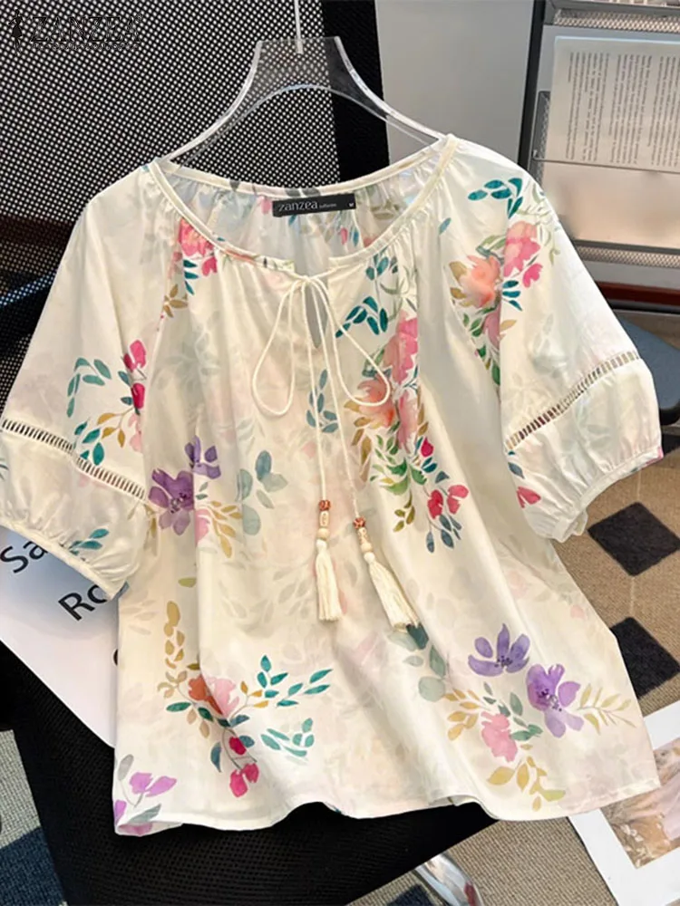 

2025 ZANZEA Summer Holiday Shirts Women Elegant Puff Sleeve Blouses Bohemain Printed Tops Tunic Mujer Female Lace Up Blusas