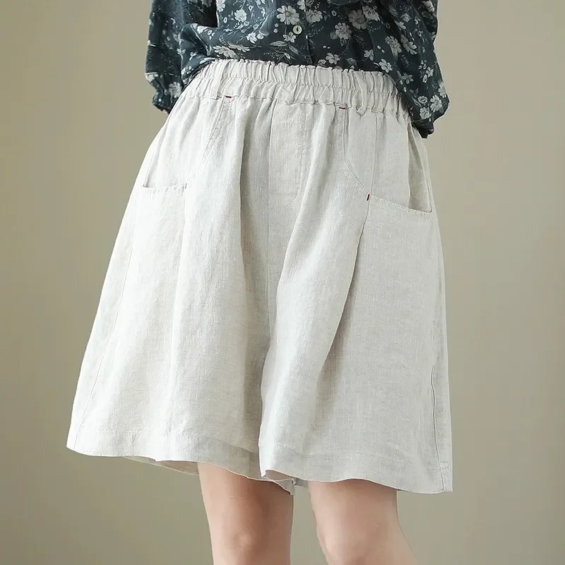 

Женские шорты больших размеров из льняной смеси с высокой талией, широкими штанинами, длиной до колена, повседневные, свободные, дышащие, летние брюки