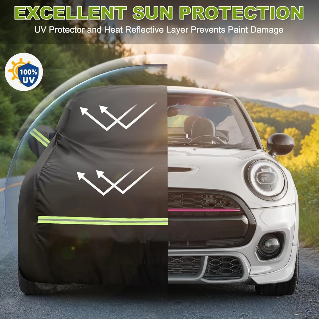 Car Covers for Mini Cooper 2-Door 2002-2024 Waterproof with Door Zipper Windproof Bands for Snow Rain Dust Hail Protection Black