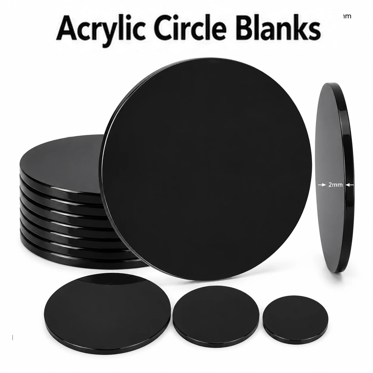 5-50 Stück 50/60/80/100mm schwarze Acrylscheiben, 2mm dicke, glatte, runde Rohlinge für DIY-Bastelarbeiten, Schlüsselanhänger & Heimdekoration – Detail 1