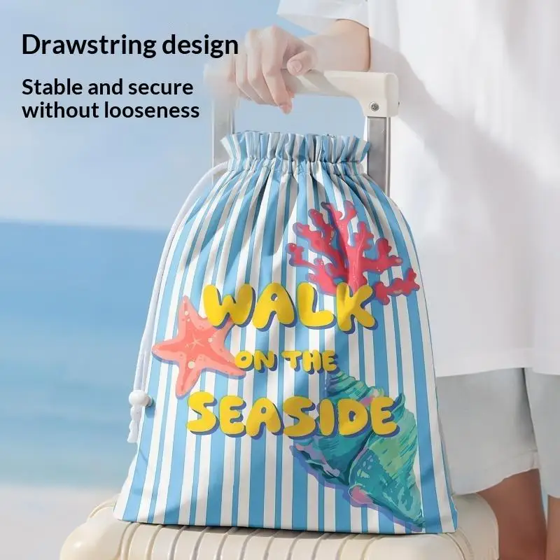 Cute Seaside Print Drawstring Travel Bags Breathable Water Repellent Fabric For Beach Vacation Storage
