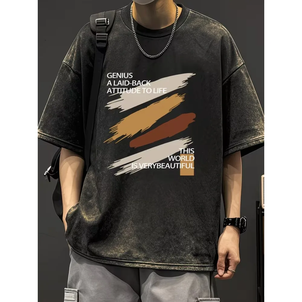 Minimalist Quote Brush Stroke Acid Wash T-Shirt Vintage Laid Back Life Attitude Oversized Streetwear Casual Tops for Men Women