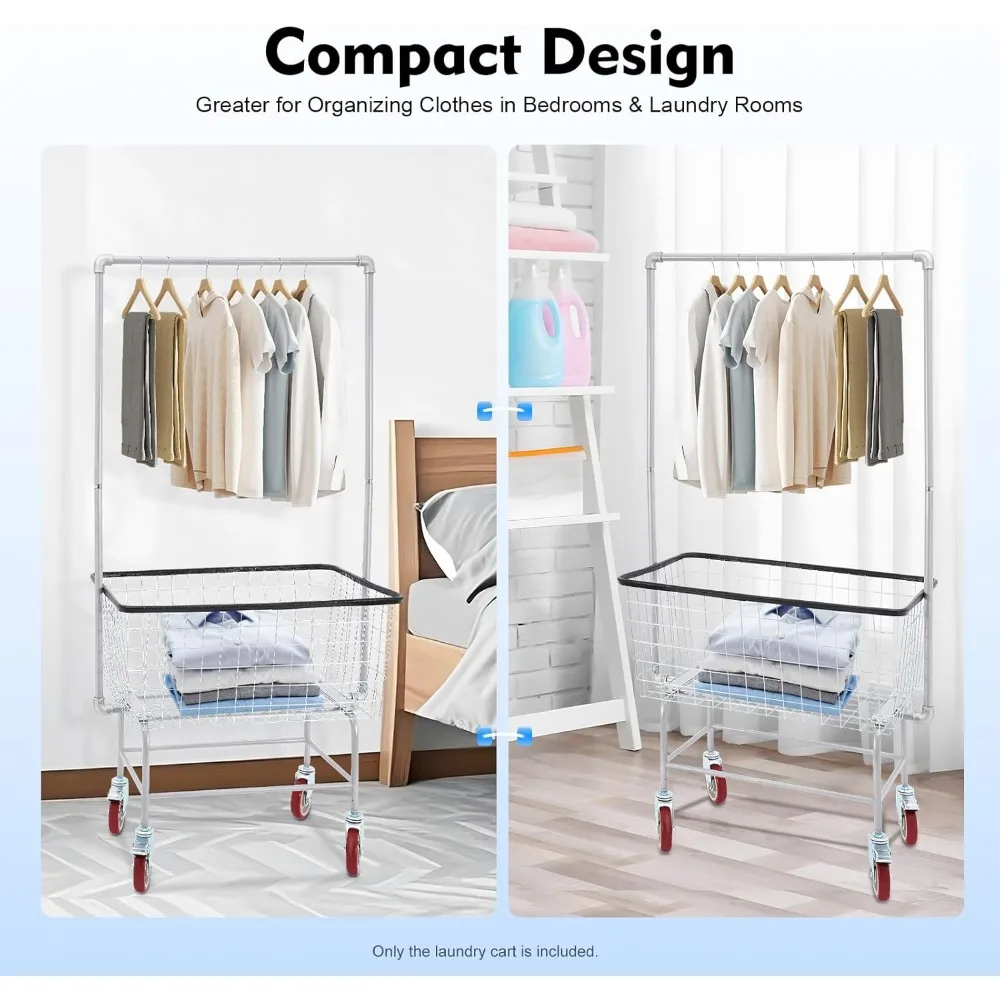 Laundry Cart with Clothes Rack, Rolling Laundry Basket with Wheels, Commercial Laundry Basket, Steel Frame with Chrome Finish