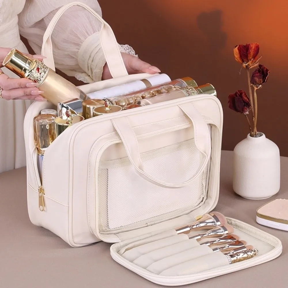 

Простая косметичка с ручкой, вместительный контейнер для косметики из искусственной кожи, портативная дорожная сумка для туалетных принадлежностей