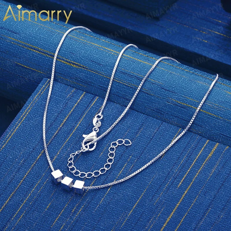 925 Sterling Silver Small Square Box Chain Necklace 18 Inches Women's Party Banquet Engagement Wedding Fashion Jewelry