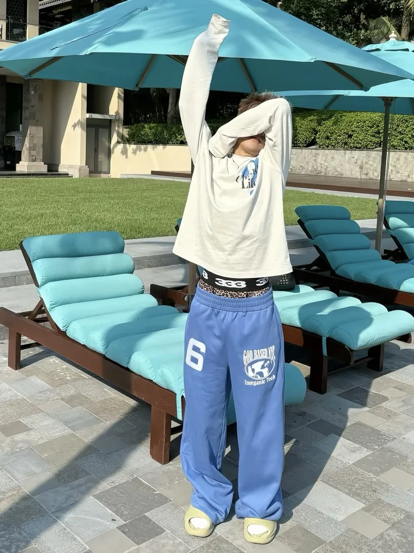 

Spring 2026 Casual Loose Fit Bell Bottom Pants Men's Blue Embroidered Print Slimming High Waist Versatile Long Trousers