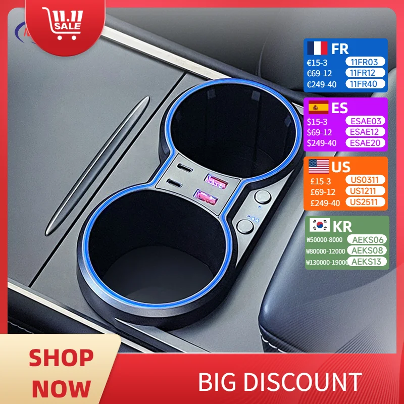 

For Tesla Model 3 Y Car Fast Charger 45W Center Console Cup Holder Fragrance Atmosphere Light Expansion Dock Car Accessories