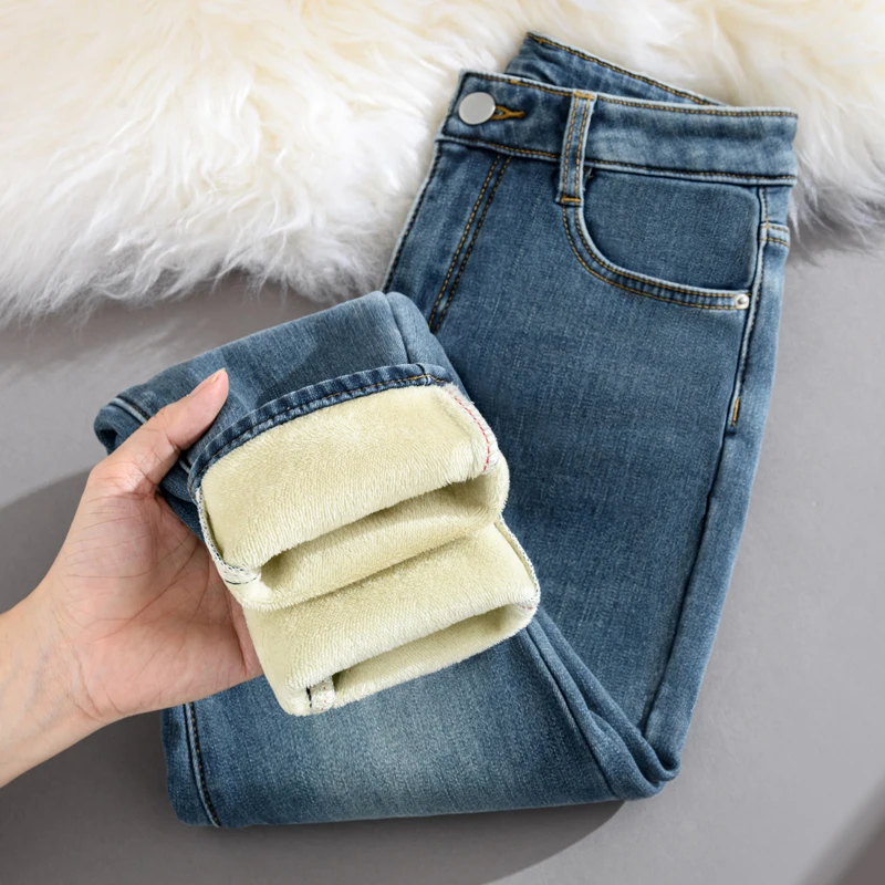 الجينز للمرأة Y2k السراويل شتاء 2025 سميكة الصوف الرجعية الأزرق سليم صالح تمتد مدبب قلم رصاص سراويل جينز موضة عادية
