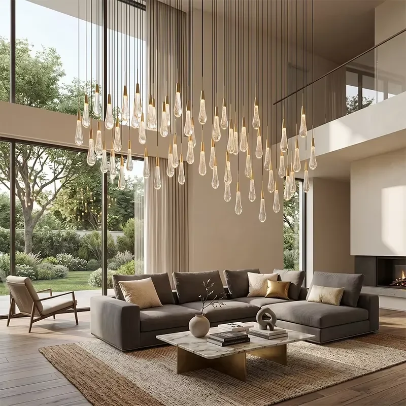 Linear Glass Raindrop Chandelier Large Luxury Teardrop Shaped Villa Living Room Interior Decoration Project ETL Certified