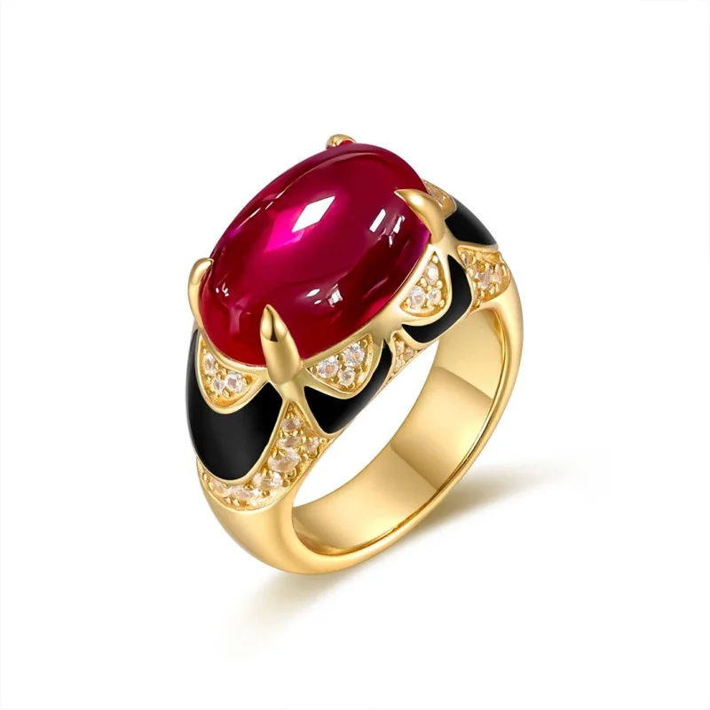 Bellux 13 carat lab grown ruby ring S925 pure silver plated 18k gold black enamel vintage fashion rings
