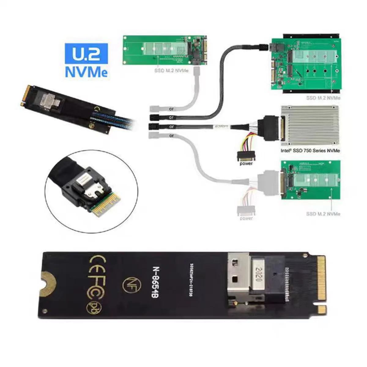New NGFF M-Key NVME to SFF-8654 Slimline SAS Card Adapter and U.2 U2 SFF-8639 NVME PCIe SSD Cable 50cm for Mainboard SSD