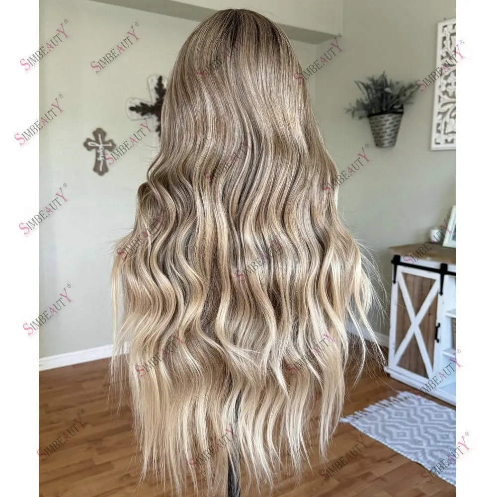 Damen-Remy-Echthaar-Perücke aus europäischem Haar mit transparenter Spitze, Ombre Hellbraun Aschblond mit Pony, 13x6 Lace-Frontal-Perücke – Detail 4