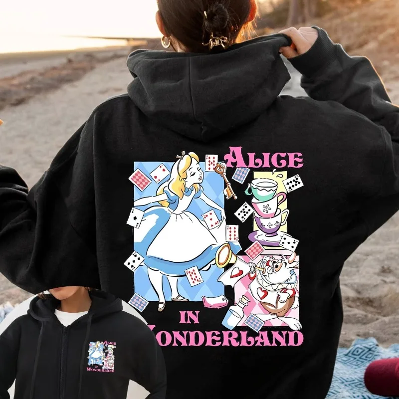 Disney Lola y Alice's Adventures in Wonderland Sudadera con capucha y cremallera para mujer Moda Otoño/Invierno Ropa de calle para hombres y mujeres