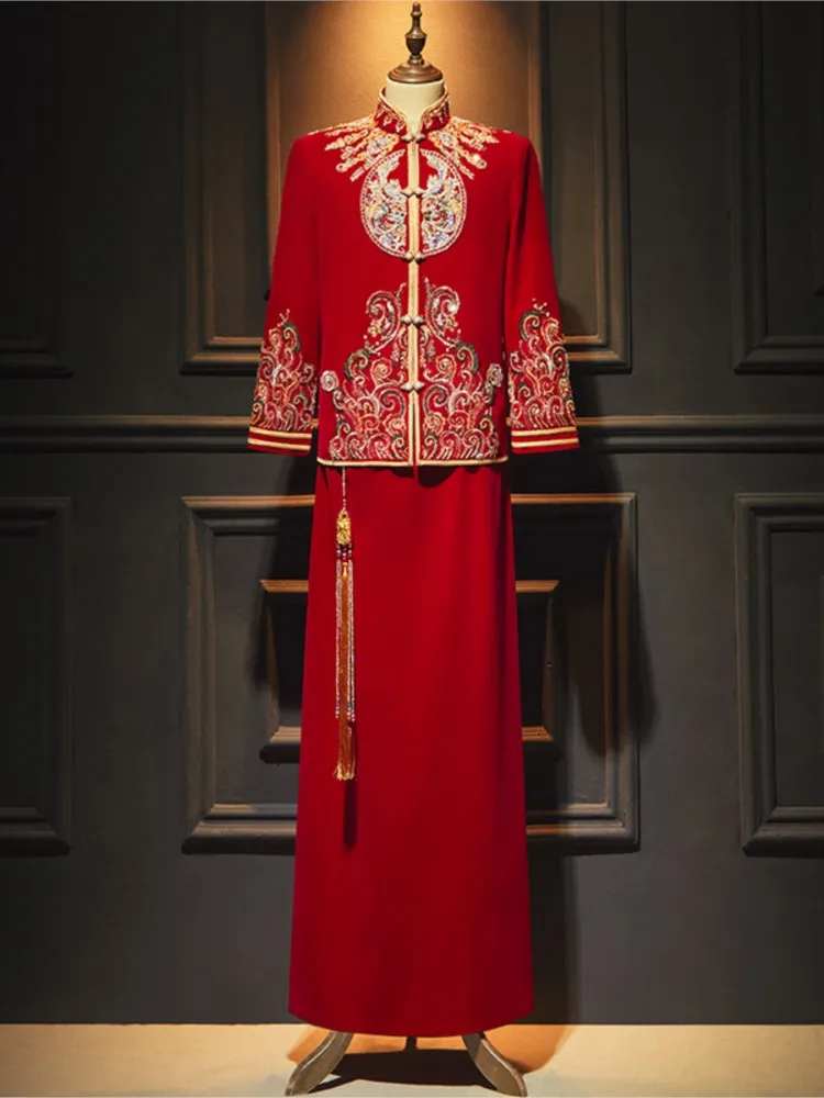 

Men's velvet suit high-end Chinese-style wedding dress for the groom new