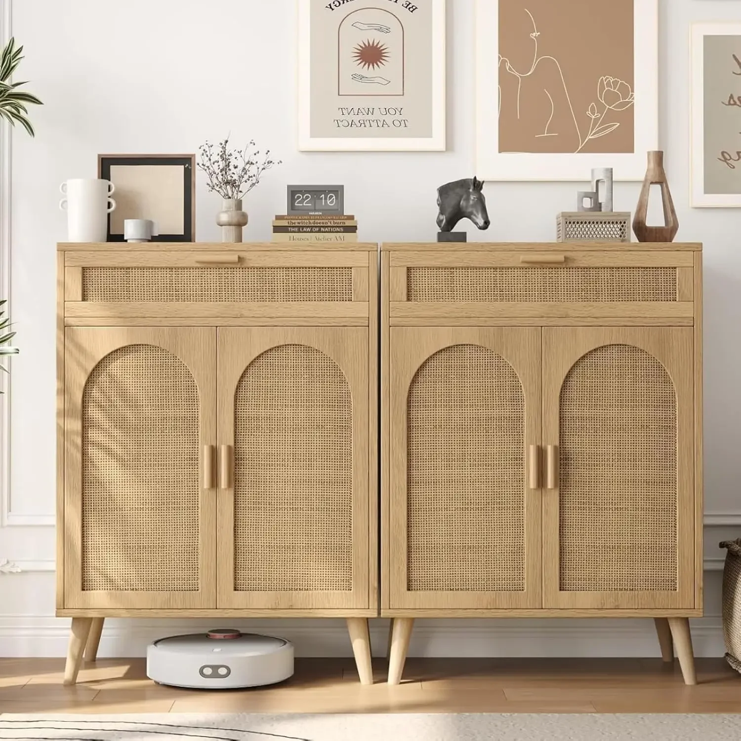 

Rattan Storage Cabinet Set of 2, Buffet Sideboard Cabinet with Storage, Coffee Bar Cabinet with Drawer & Doors, Accent Floor