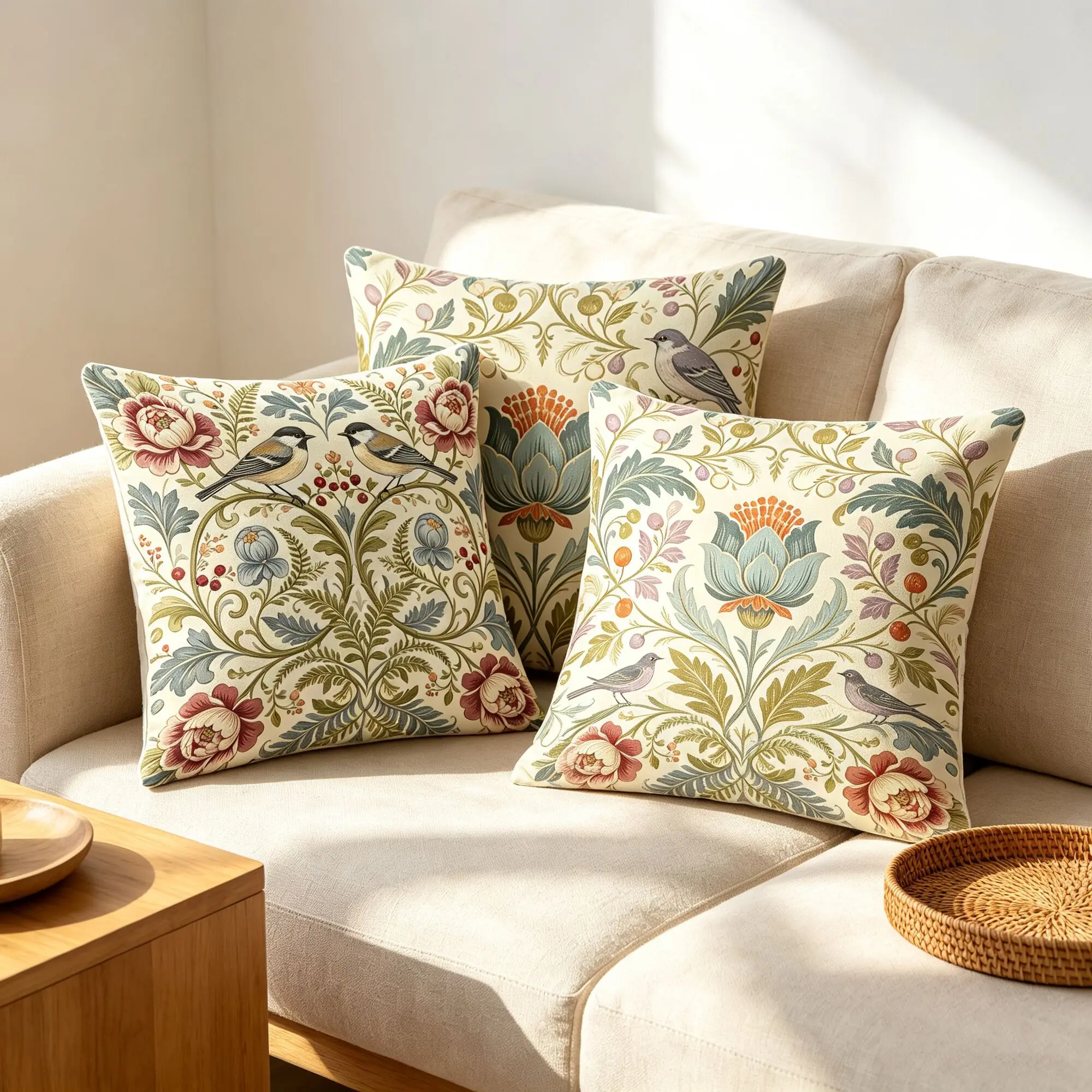 Vintage Botanical Flower Bird Floral Throw Cushion Cover Retro Decor Farmhouse Home Decor Pillowcase for Sofa Couch 45x45cm