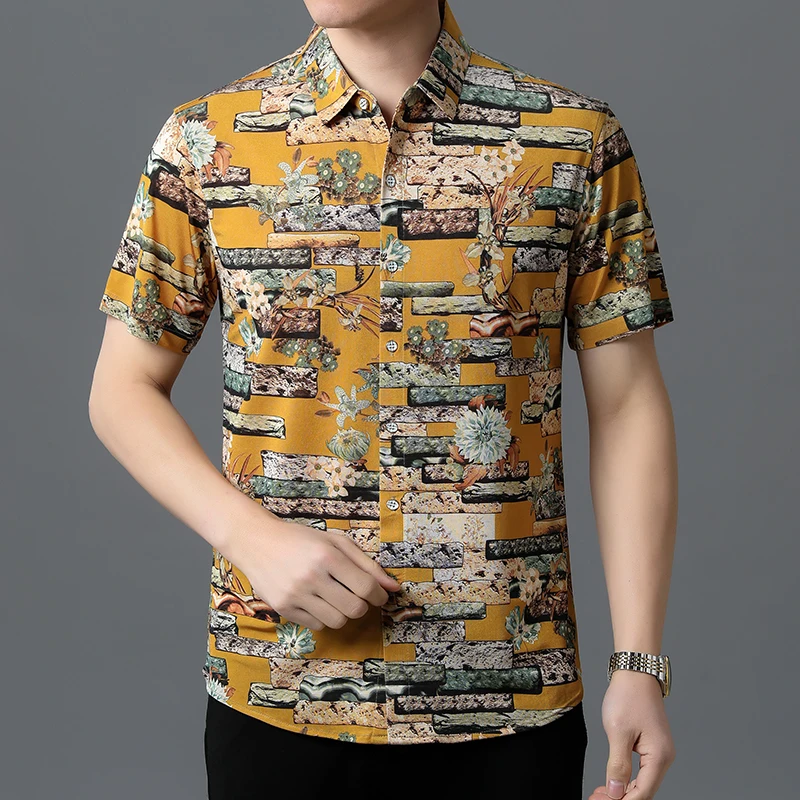 

Men's Fashion Printing Soft Clothing 2023 Summer Flowers Print Tops Male Short Sleeve Smooth Shirts