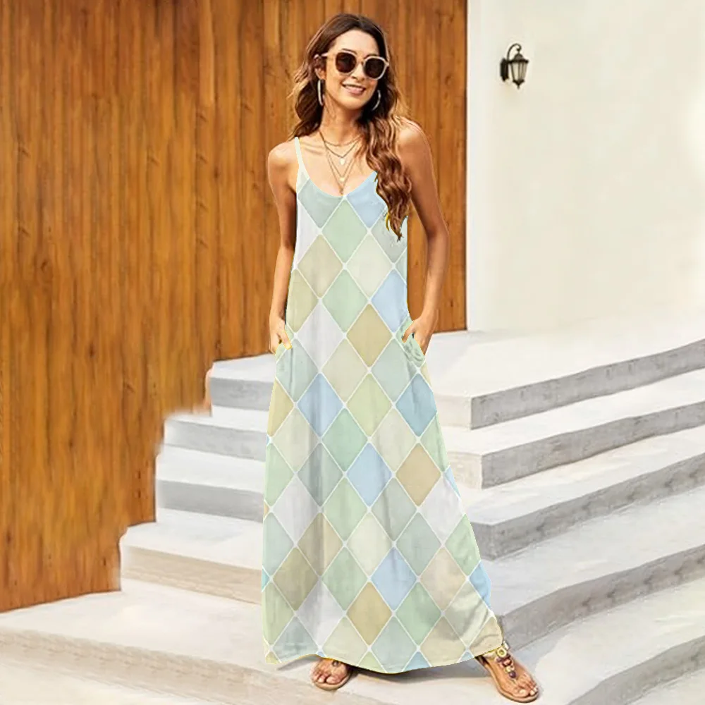 Women's Checkered Printed Long Dresses Sleeveless V-neck Slim Long Skirt Summer Beach Party Club Robe Elegant Maxi Robe For Lady