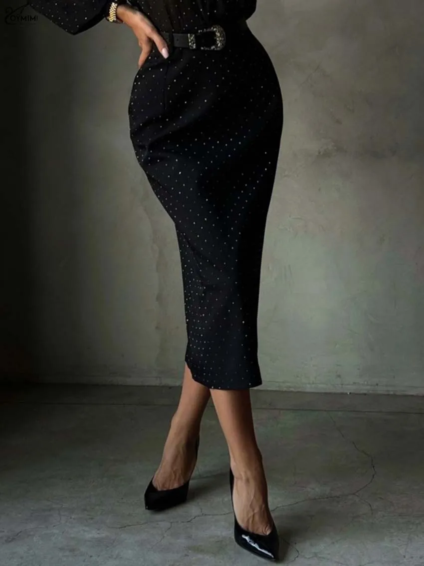 

Oymimi Fashion Black Belt Women's Skirt Elegant High Waisted Slim Zipper Skirts Casual Straight Mid-Calf Skirts Female Clothing